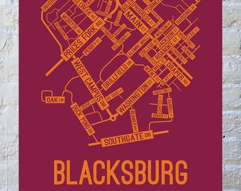 Blacksburg, Virginia Street Map Poster, Canvas, or Metal Print