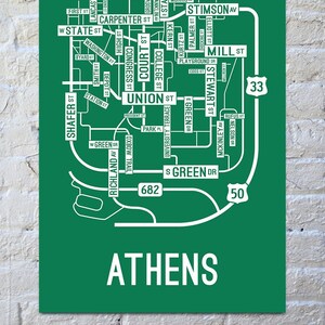 Athens, Ohio Street Map Screen Print Green / White