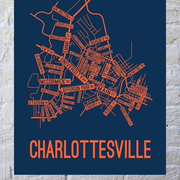 Charlottesville, Virginia Street Map Poster, Canvas, or Metal Print