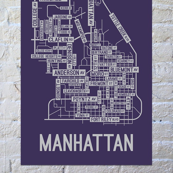 Manhattan, Kansas Street Map Screen Print - College Town Map