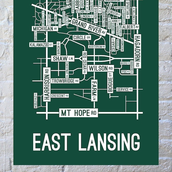 East Lansing, Michigan Street Map Poster, Canvas, or Metal Print