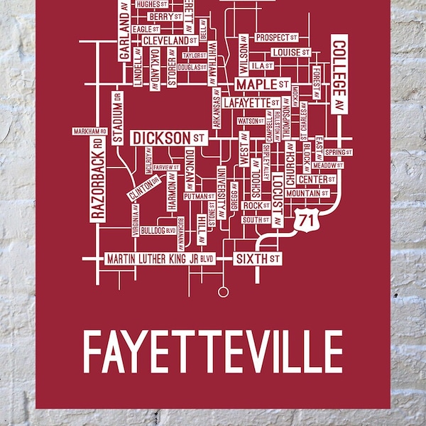 Fayetteville, Arkansas Street Map Poster, Canvas, or Metal Print