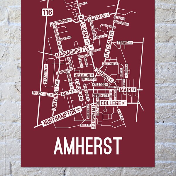 Amherst, Massachusetts Street Map Screen Print | College Town Map