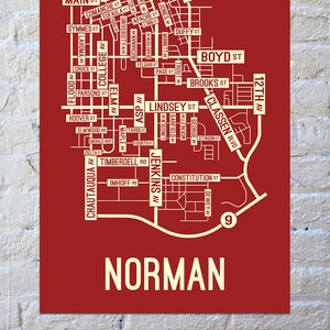 Norman, Oklahoma Street Map Screen Print - College Town Map