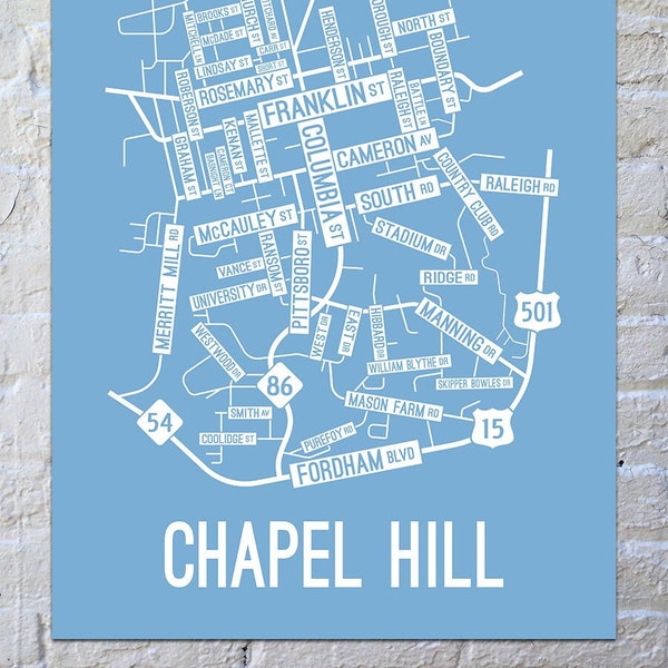 Chapel Hill, North Carolina Street Map Poster, Canvas, or Metal Print