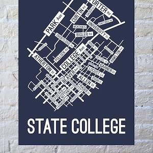 State College, Pennsylvania Street Map Screen Print | College Town Map