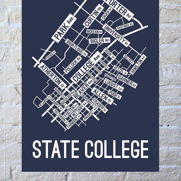 State College, Pennsylvania Street Map Screen Print | College Town Map