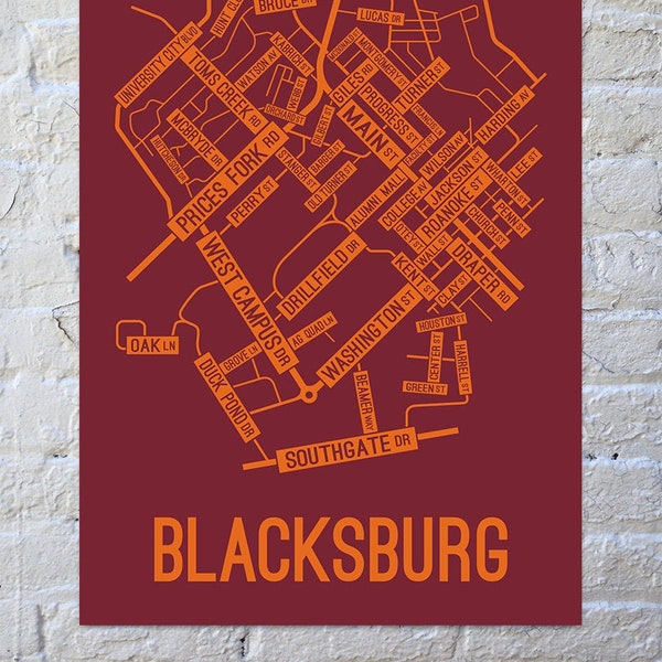 Blacksburg, Virginia Street Map Screen Print | College Town Map