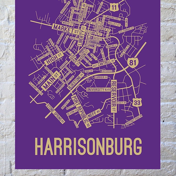 Harrisonburg, Virginia Street Map Poster, Canvas, or Metal Print