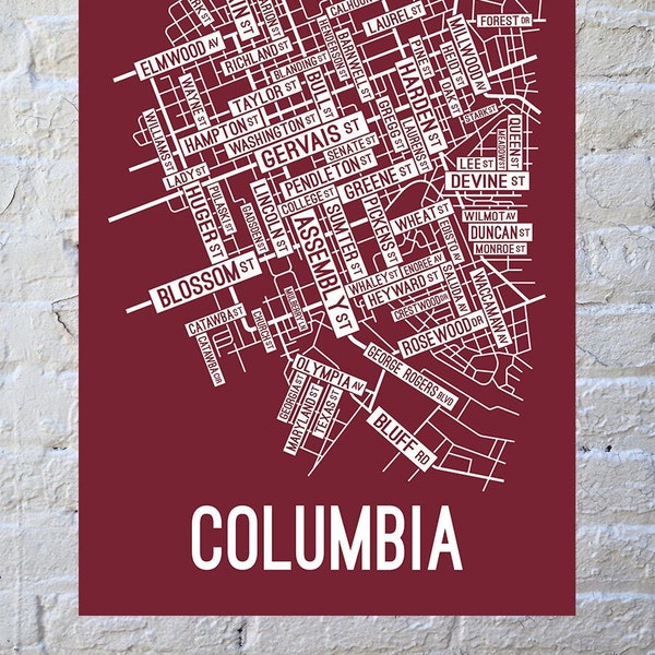 Columbia, South Carolina Street Map Screen Print | College Town Map