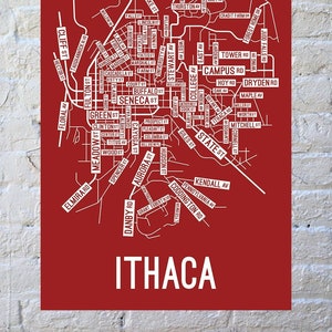 Ithaca, New York Street Map Screen Print College Town Map Red / White