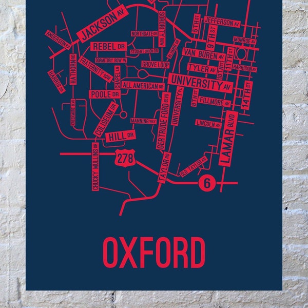 Oxford, Mississippi Street Map Poster, Canvas, or Metal Print