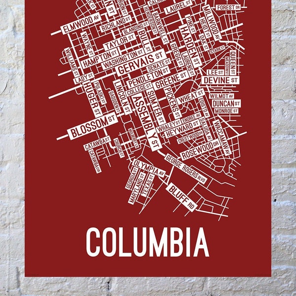 Columbia, South Carolina Street Map Poster, Canvas, or Metal Print