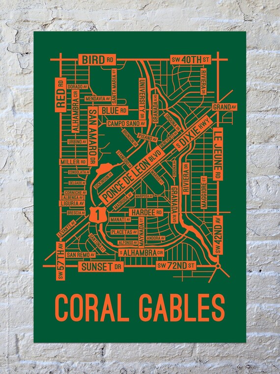 Coral Gables Miami Florida Street Map Screen Print Etsy