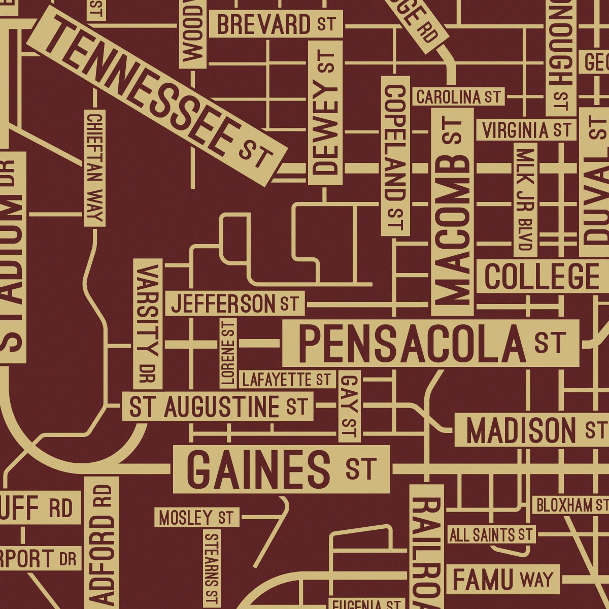 Tallahassee Florida Street Map Screen Print College Town - Etsy