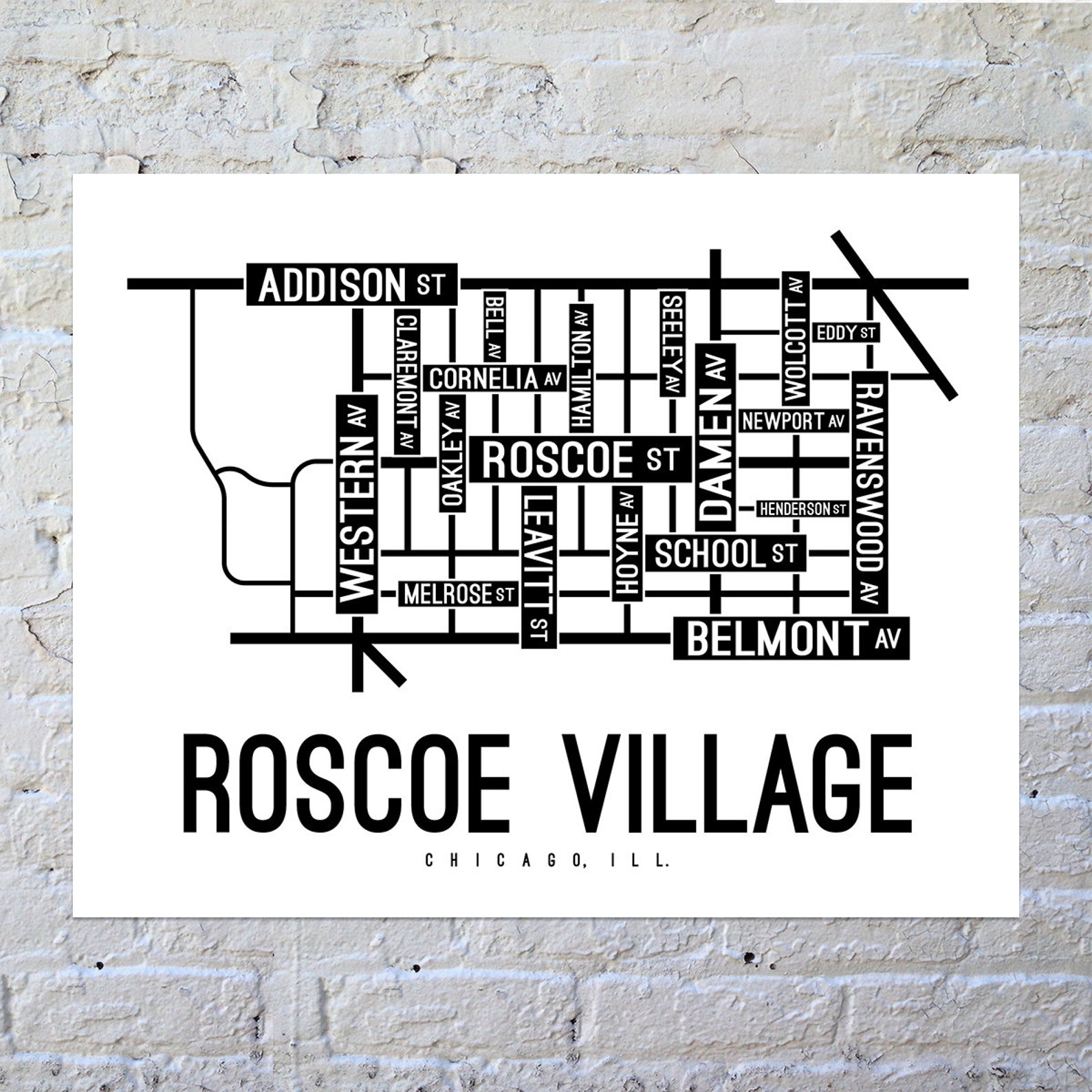 Roscoe Village Chicago Street Map Poster Canvas or Metal Etsy