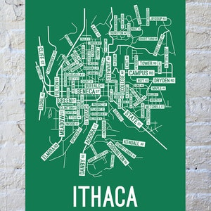 Ithaca, New York Street Map Screen Print College Town Map Green / White