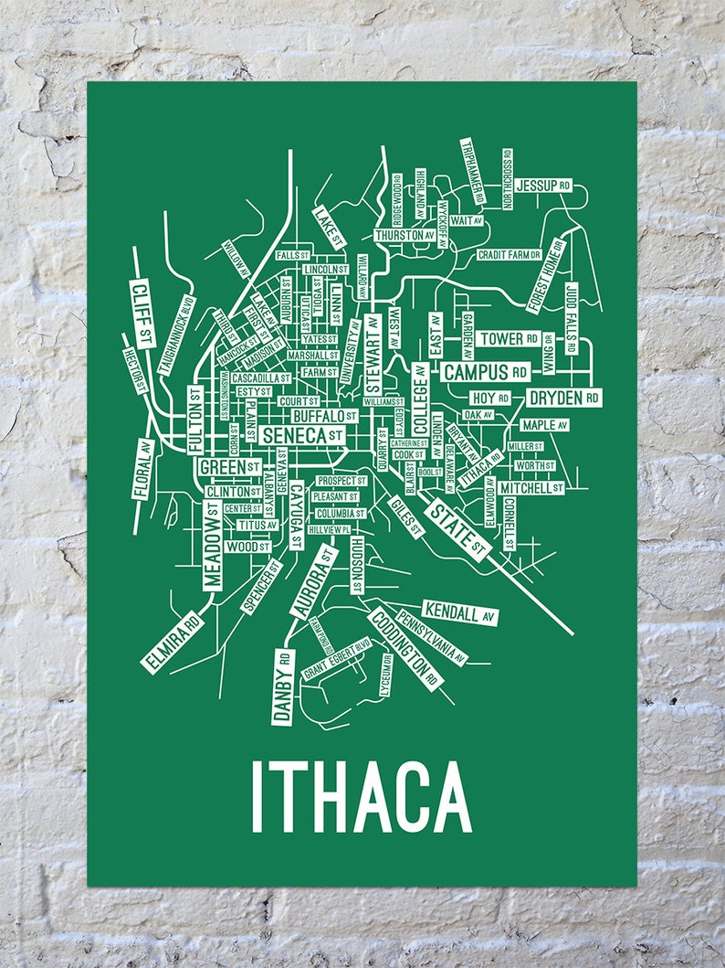 Ithaca, New York Street Map Screen Print College Town Map Green / White