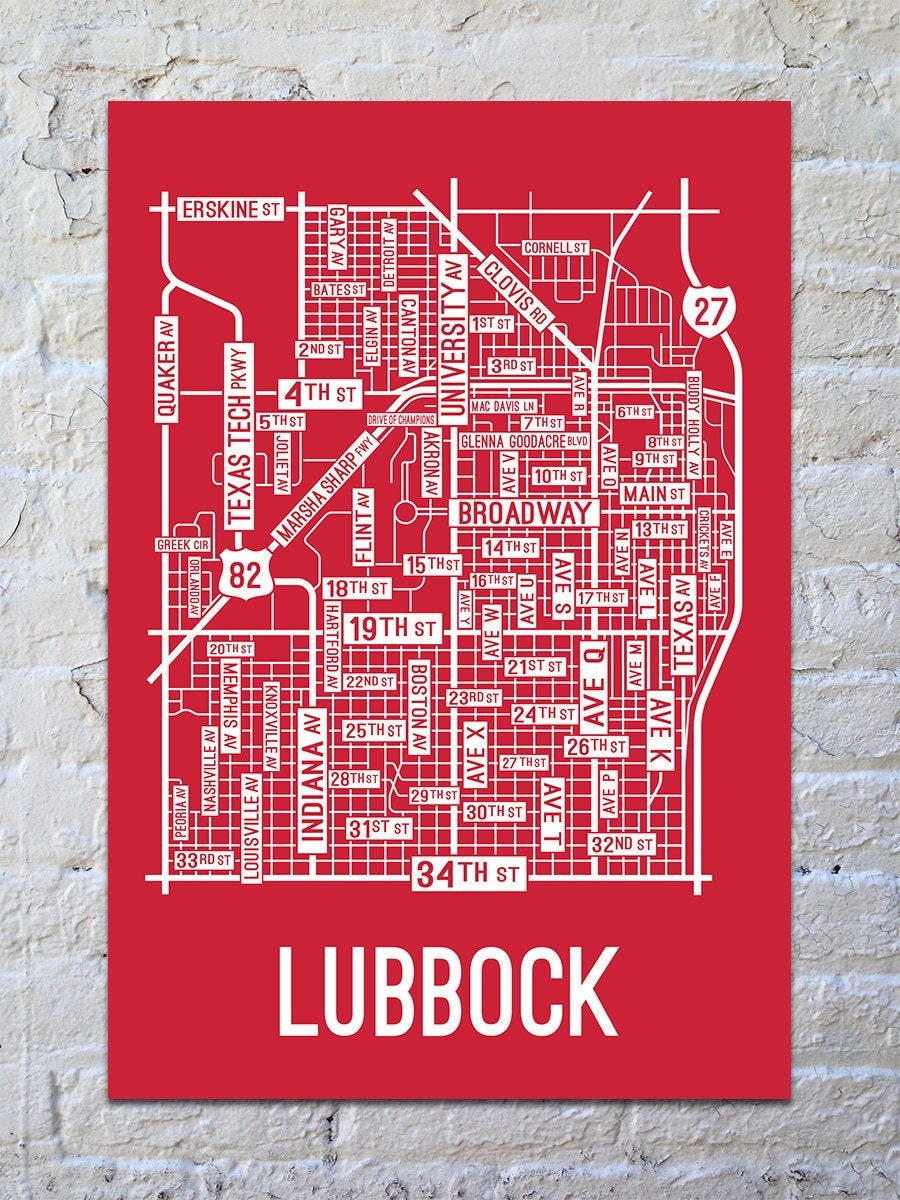 Lubbock Texas Street Map Screen Print College Town
