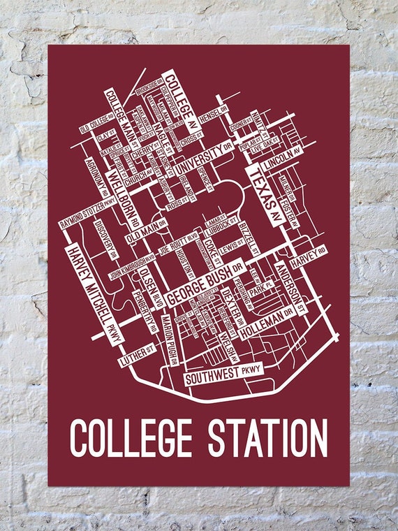 College Station, Texas Street Map Screen Print Alumni Gift College Town Map  - Etsy