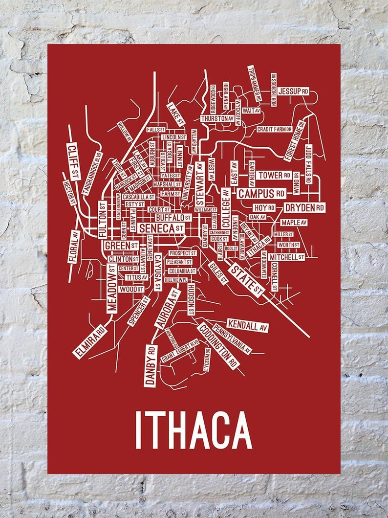 Ithaca, New York Street Map Screen Print College Town Map Red / White