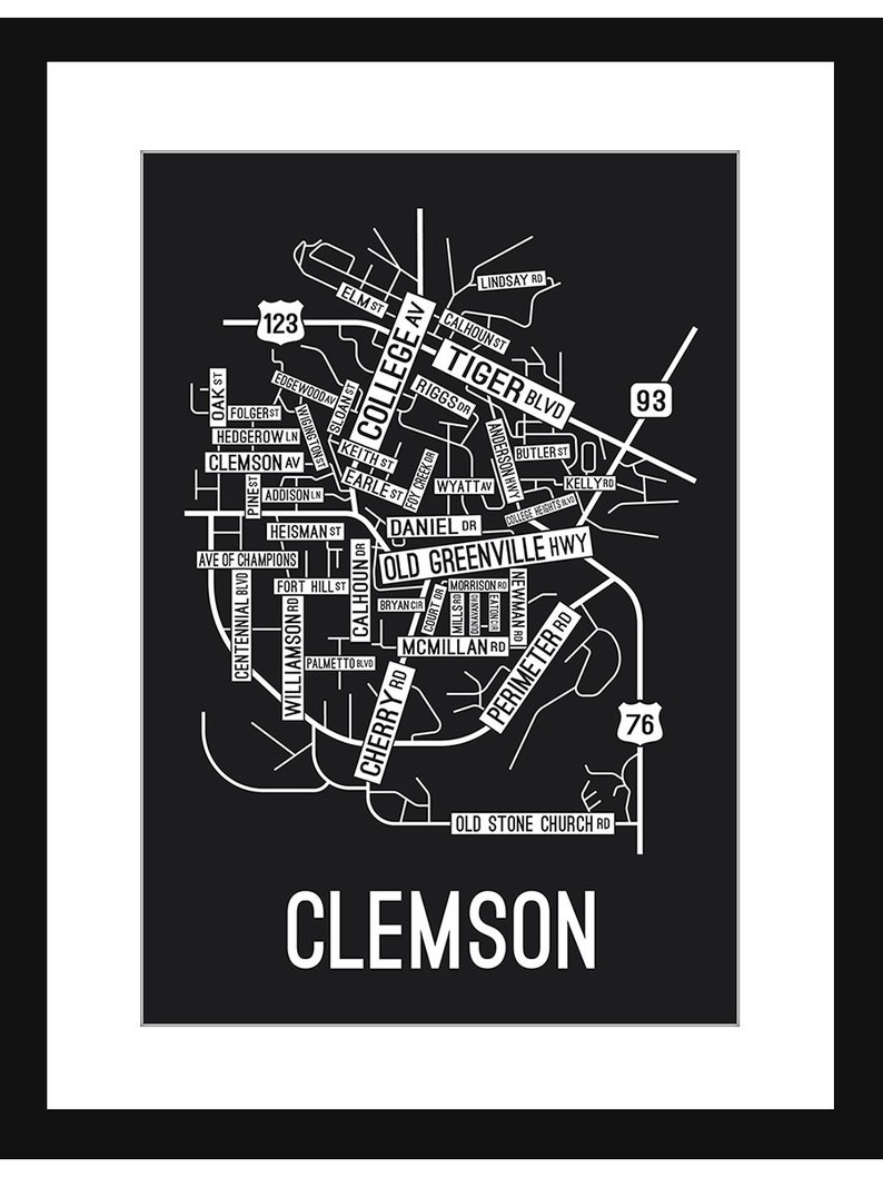 Clemson South Carolina Street Map Screen Print Etsy