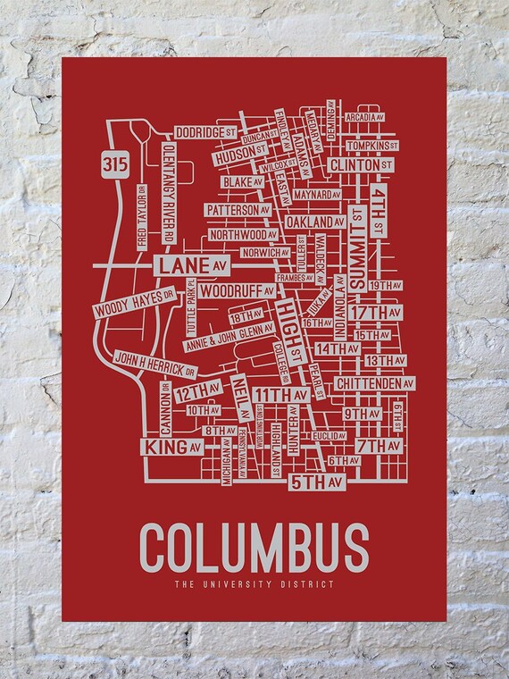 Columbus Ohio Street Map Screen Print College Town Map Etsy