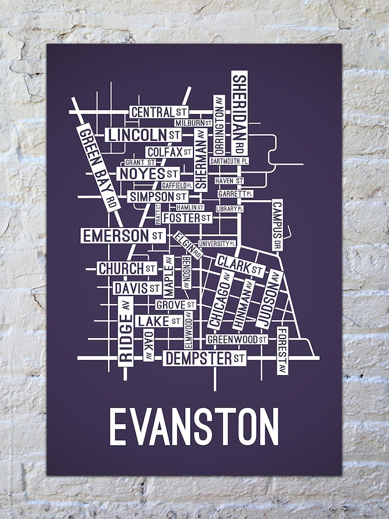 Evanston Illinois Street Map Screen Print College Town Maps Etsy