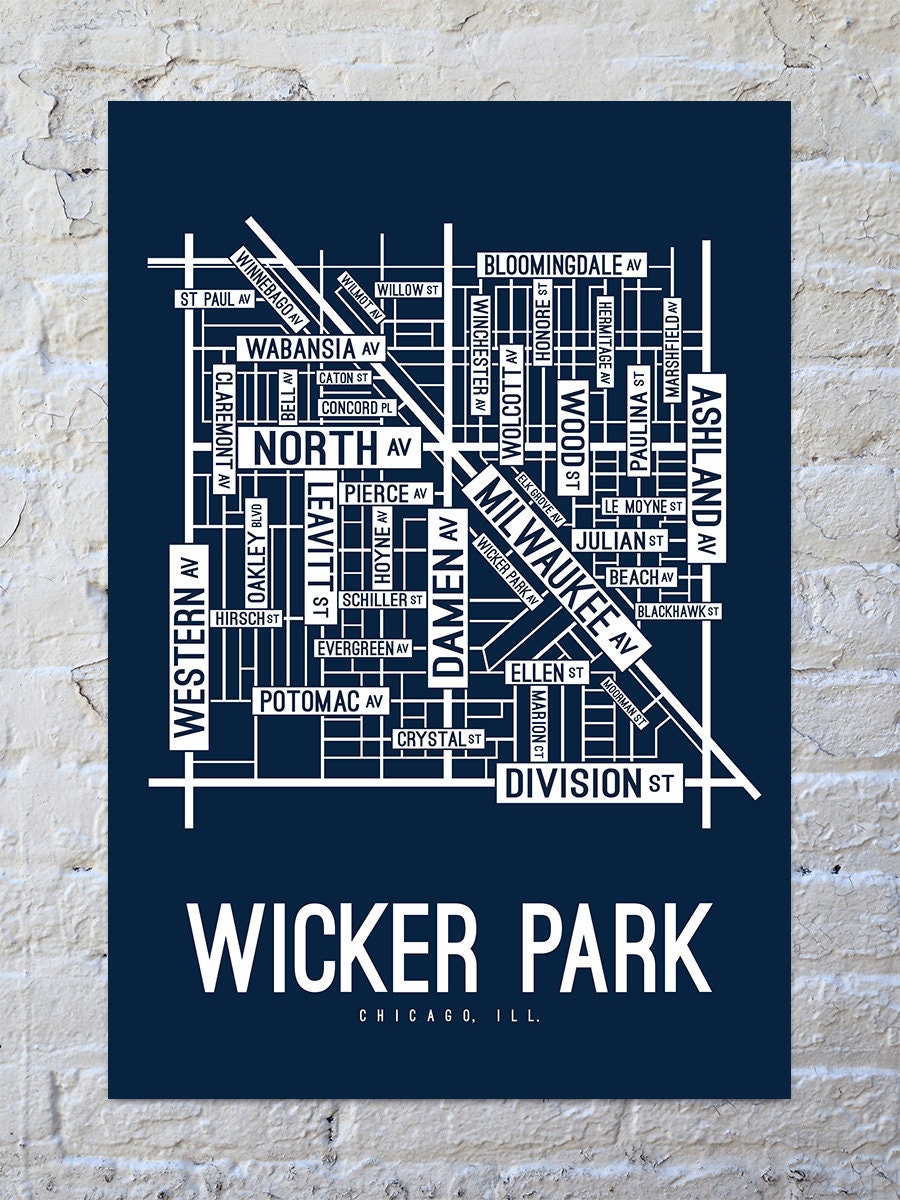 Map Of Wicker Park Chicago Wicker Park Chicago Street Map Screen Print | Etsy Uk