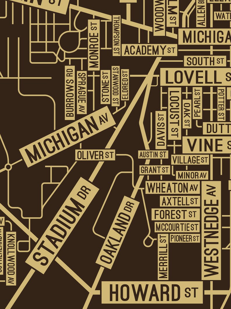 Kalamazoo Michigan Street Map Screen Print College Town Etsy