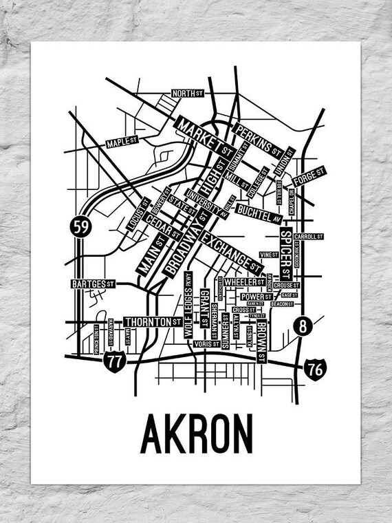 Akron Ohio Street Map Poster Canvas or Metal Print | Etsy