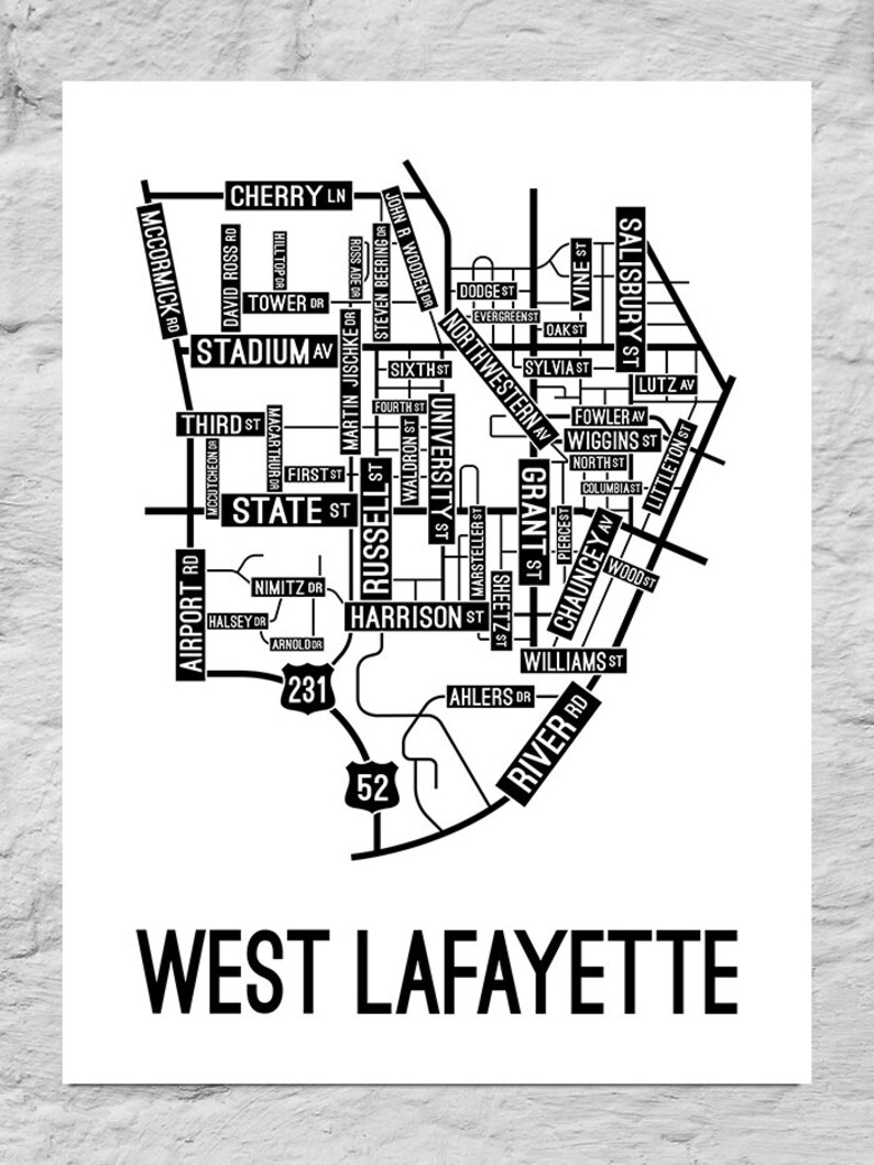 West Lafayette Indiana Street Map Poster Canvas or Metal Etsy
