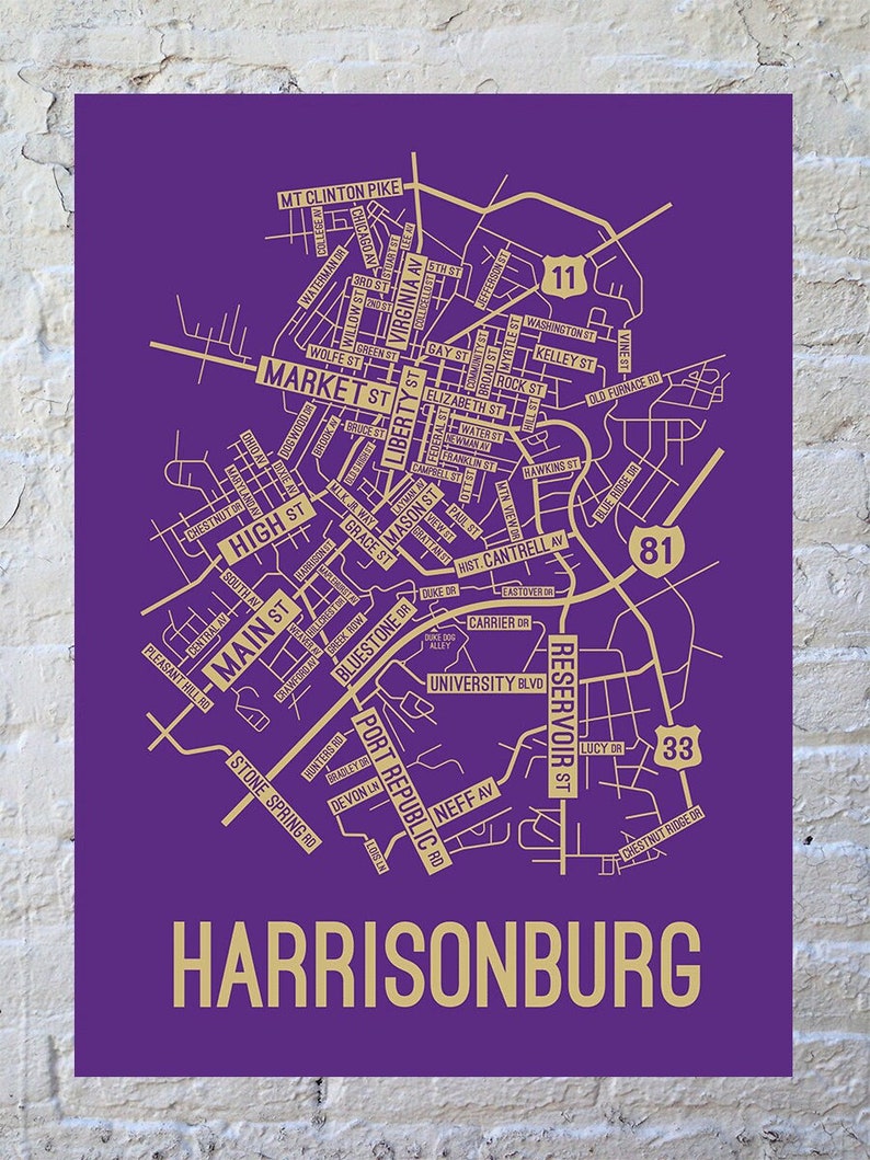 Harrisonburg Virginia Street Map Poster Canvas or Metal Etsy