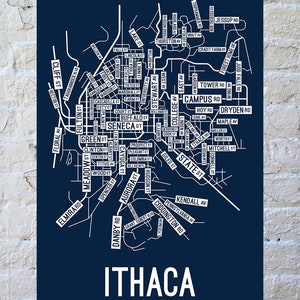 Ithaca, New York Street Map Screen Print College Town Map Navy / White