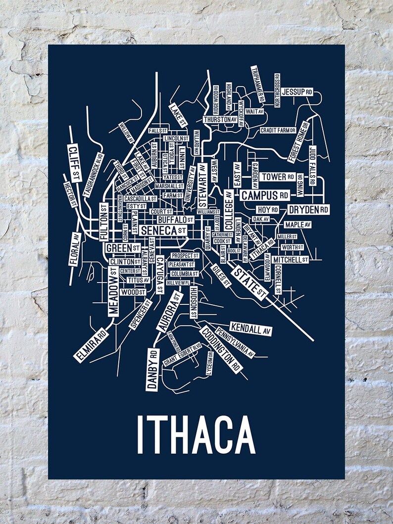 Ithaca, New York Street Map Screen Print College Town Map Navy / White