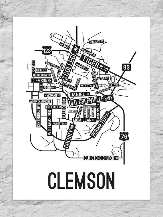 Clemson South Carolina Street Map Poster Canvas or Metal Etsy