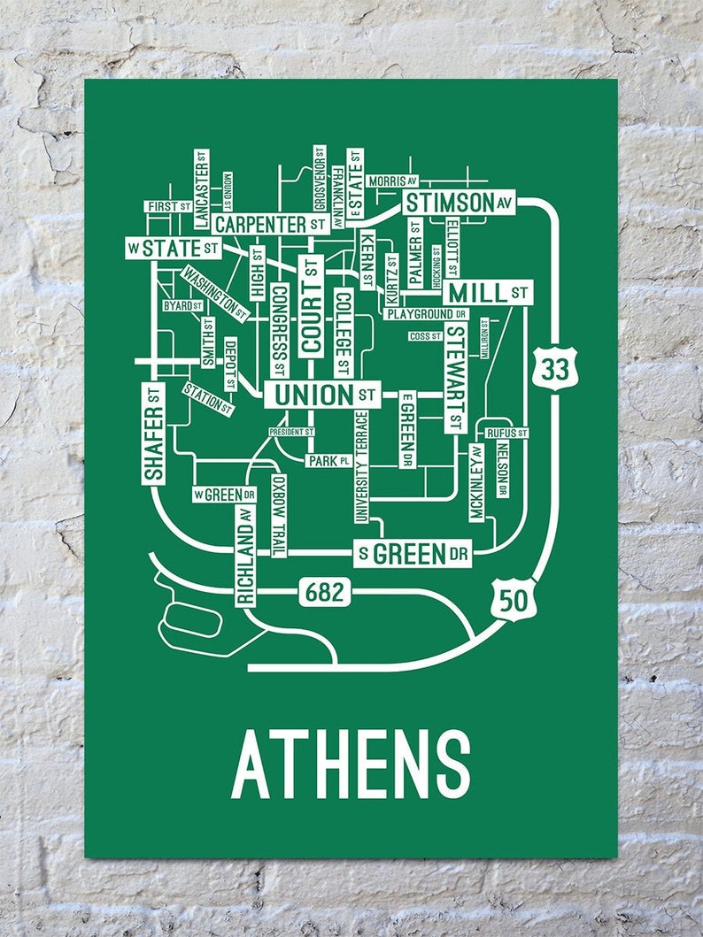 Athens, Ohio Street Map Screen Print Green / White