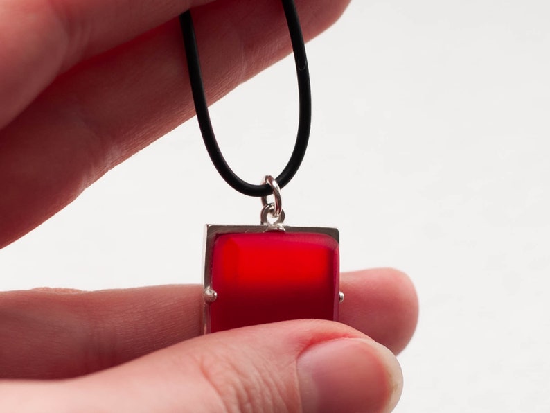 Red Square Silver Pendant Necklace Red Rubin Faux Stone Tiny Silver Pendant St Valentines Gift Silver Necklace Last Chance Gift