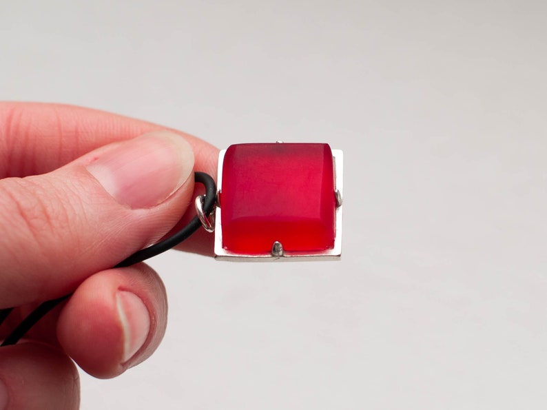 Red Square Silver Pendant Necklace Red Rubin Faux Stone Tiny Silver Pendant St Valentines Gift Silver Necklace Last Chance Gift