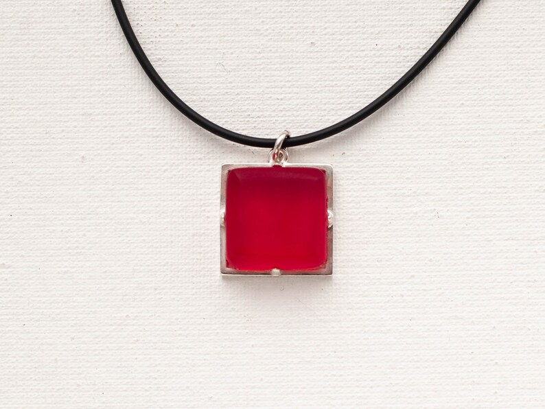 Red Square Silver Pendant Necklace Red Rubin Faux Stone Tiny Silver Pendant St Valentines Gift Silver Necklace Last Chance Gift