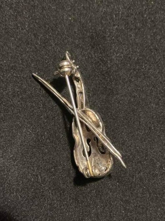 Vintage Sterling Silver Marcasite Brooch, Violin … - image 5