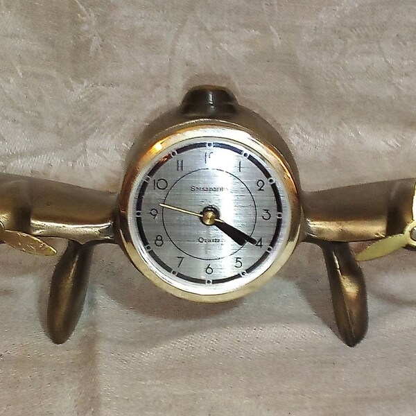 Vintage Sarsaparilla Bronze Model Airplane Art Deco Cast Metal Working Alarm Clock Quartz Desk Clock 13"