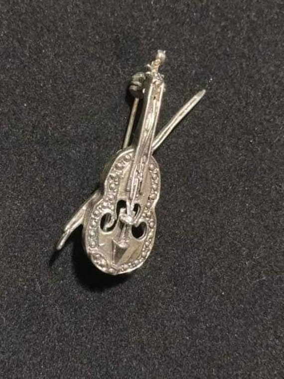 Vintage Sterling Silver Marcasite Brooch, Violin … - image 1