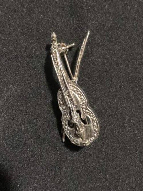 Vintage Sterling Silver Marcasite Brooch, Violin … - image 6