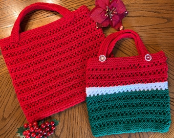 May include: Two crocheted bags, one red and one with red, white, and green stripes. Both bags have handles and button closures.