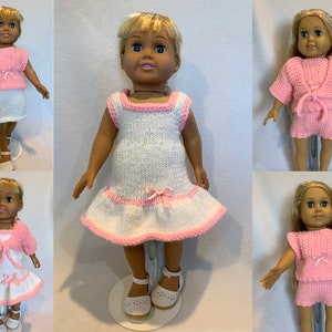 May include: A set of knitted doll clothes in pink and white. The set includes a dress, a skirt, a top, and a cardigan. The clothes are designed for a doll with a 18-inch body.