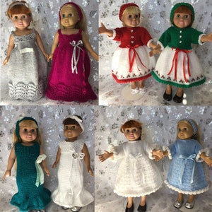 May include: A collection of eight knitted doll dresses in various colors, including white, pink, green, blue, and gray. The dresses are all different styles, some with long sleeves, some with short sleeves, and some with no sleeves. The dresses are all made with a fine knit fabric and have a delicate, feminine look.