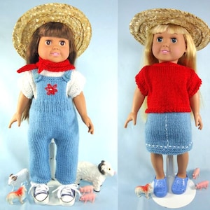 May include: Two dolls wearing knitted outfits. The doll on the left is wearing a blue overall, a red scarf, and a straw hat. The doll on the right is wearing a red knitted top and a blue skirt. Both dolls are holding toy farm animals.