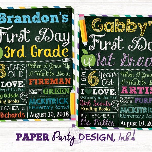 3 Pack- Back to School Personalized Chalkboard Sign 11" x 14" with Stats, 1st Day of School Sign, Chalkboard School Sign Set, First Day Sign