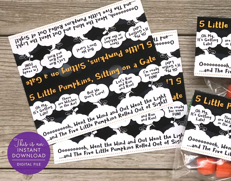 May include: Five Little Pumpkins printable Halloween party favor tags with black and white illustrations of pumpkins, witches, and a gate. The text on the tags reads "Five Little Pumpkins, Sitting on a Gate" and "Oh My, It's Getting Late!"